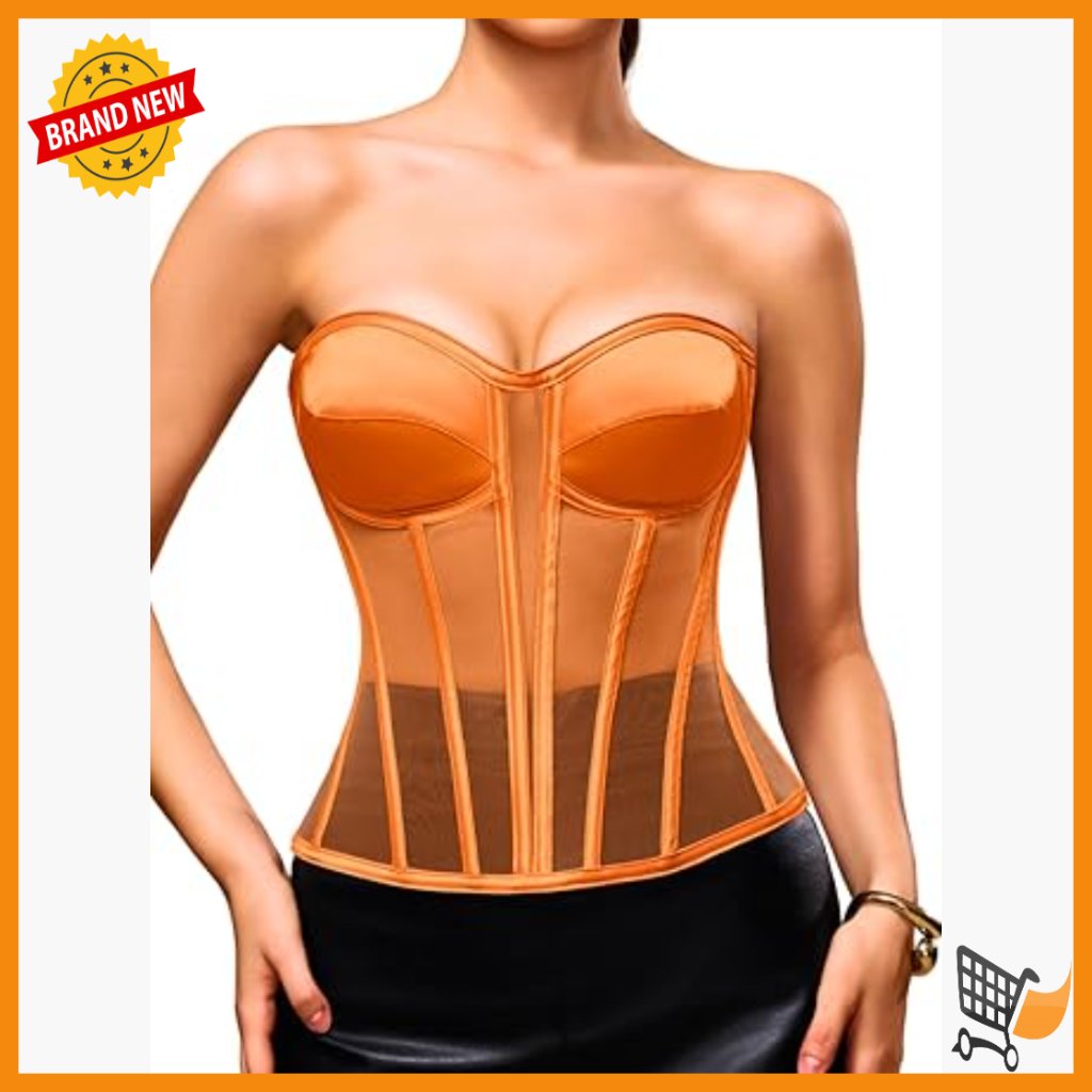 Sheer Mesh Corset Top Strapless Longline Shapewear Size 10-12